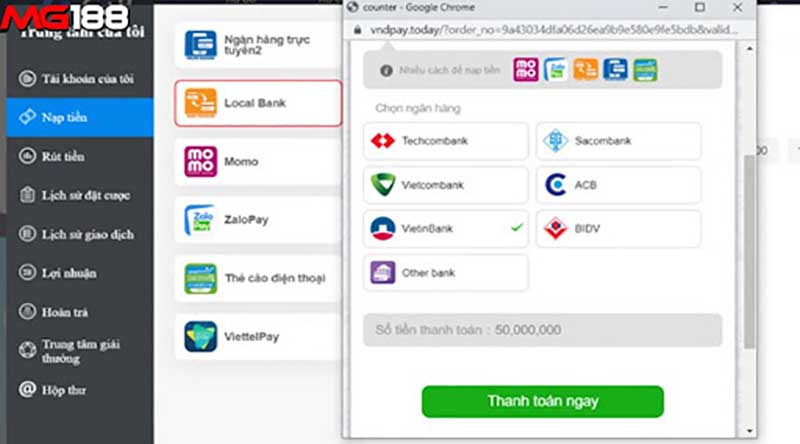 Hướng dẫn rút tiền Mg188 qua hình thức ngân hàng